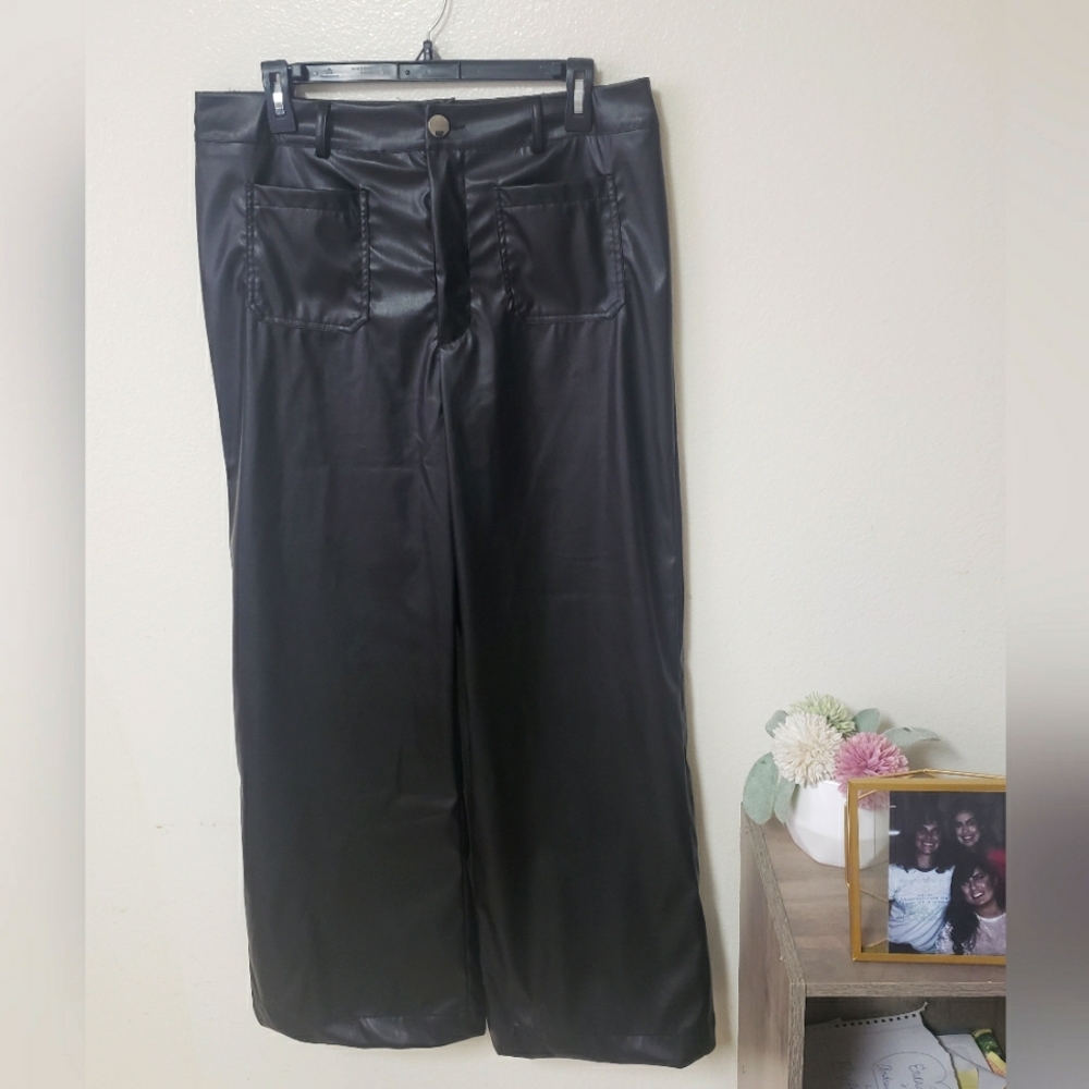 High Waist PU Leather Crop Wide Leg Pants